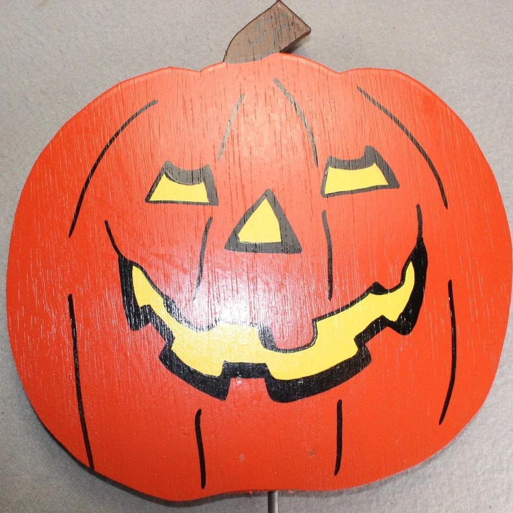 Unbranded Wooden Pumpkin Decor Orange Jack-O-Lantern Yard Stake Rustic Halloween